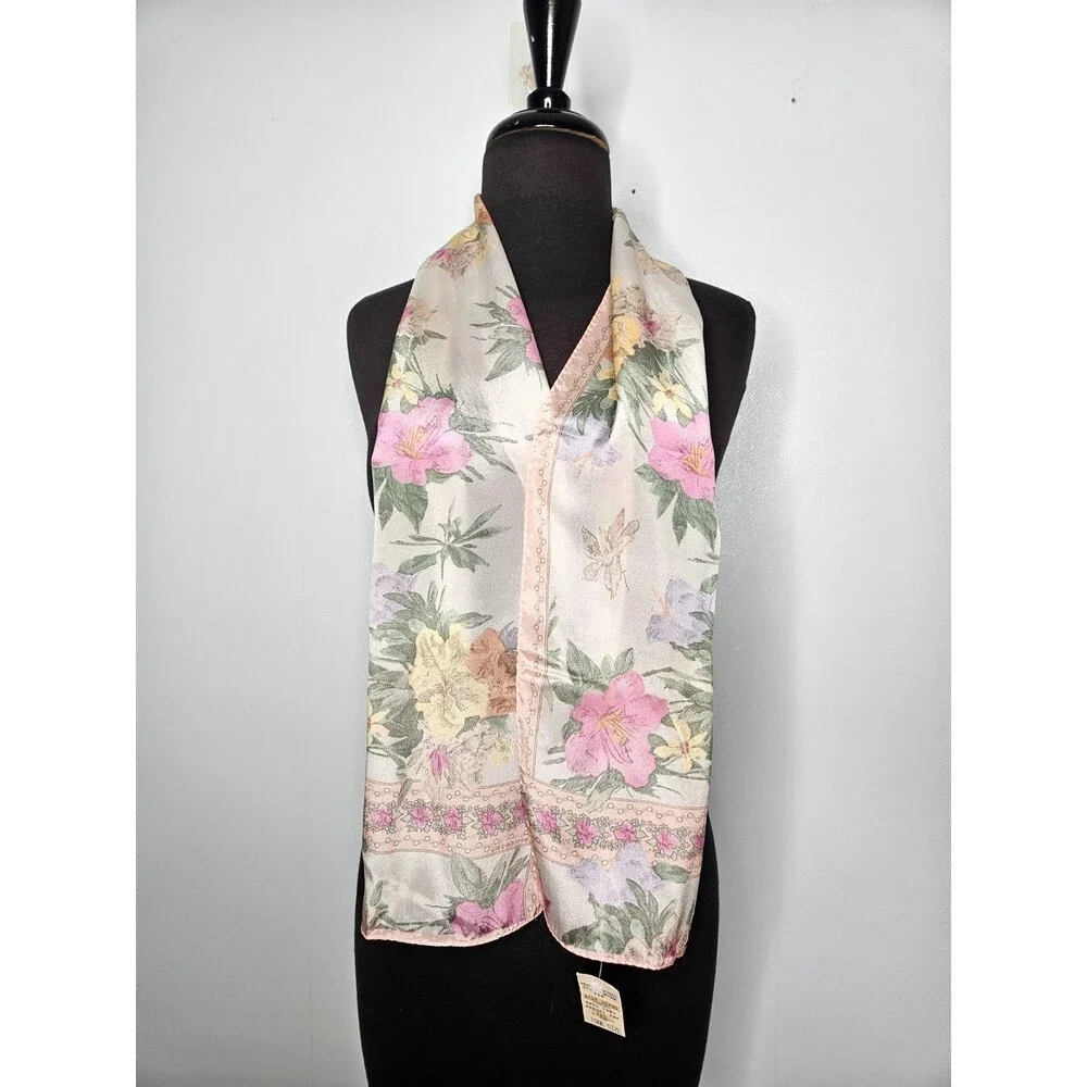 Vtg Liz Claiborne Silk Scarf Floral Rectangular 10x50 Made in Japan Cottagecore